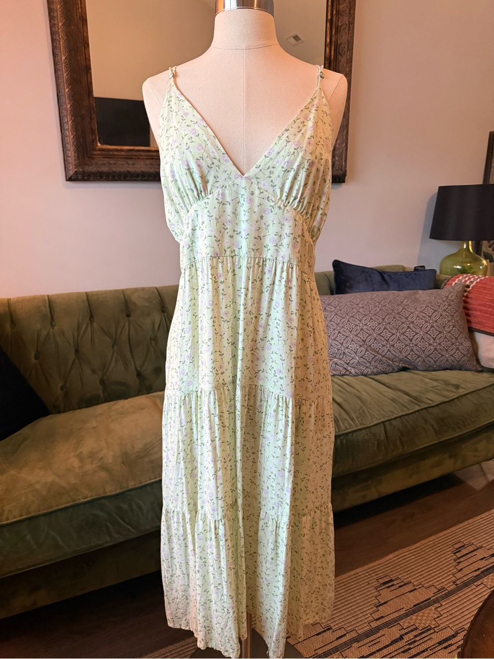 Women's Light Green Floral Tiered Maxi Dress